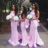Fabulous Pink Halter Mermaid Open Back Bridesmaid Dresses with Ruffles